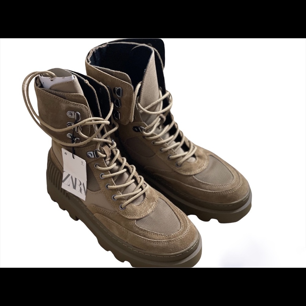 ZARA LACED SPLIT LEATHER LOW HEEL ANKLE BOOTS